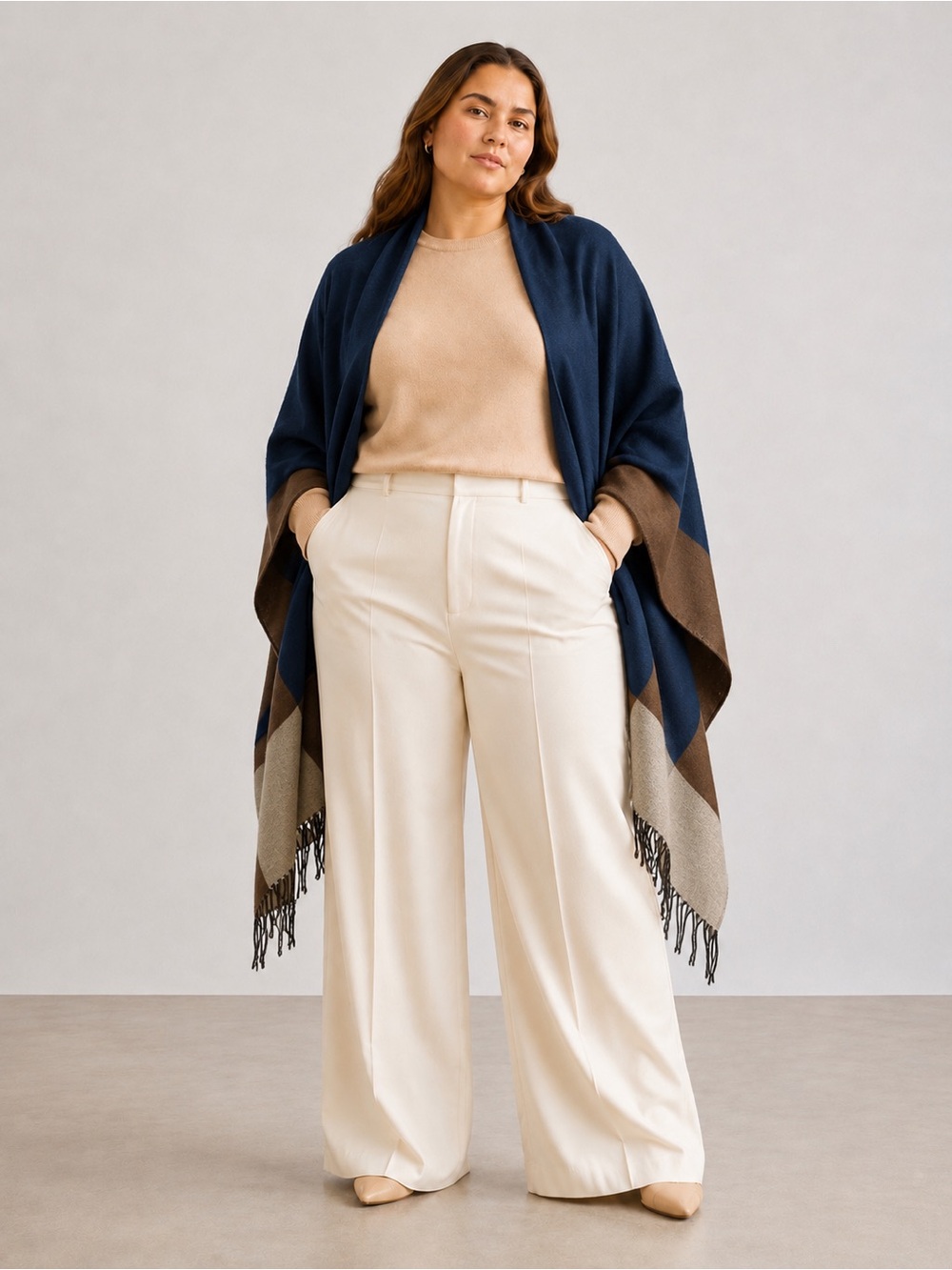 Wrap/Shawl Color Block Navy and Brown One Size